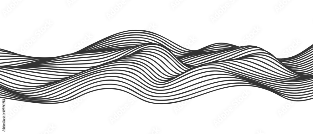 Poster Vector abstract line art wavy flowing dynamic black isolated on transparent background in concept wave, wind, ocean