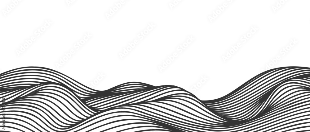 Poster Vector abstract line art wavy flowing dynamic black isolated on transparent background in concept wave, wind, ocean