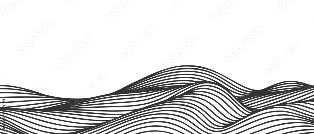 Poster Vector abstract line art wavy flowing dynamic black isolated on transparent background in concept wave, wind, ocean