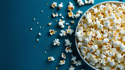 bowl of white popcorn on a blue background with some popcorn scattered around. It looks fresh and ready to eat