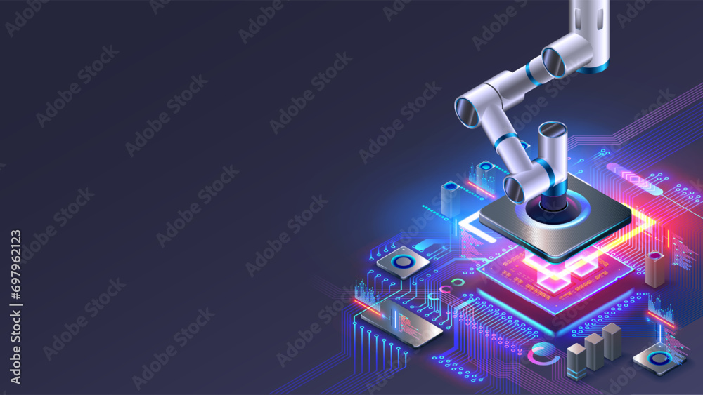 Poster Industrial robot manipulator places electronic components on electronic circuit board on production assembly line. Robot hand holds chip above PCB. AI Automated robotics factory of electronic industry