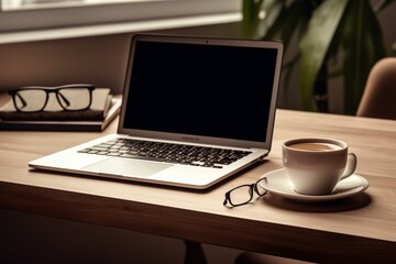 : A minimalistic setup showcasing a laptop, a mug of coffee, and a pair of reading glasses on a wooden worktable