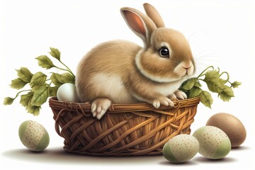 Illustration of an adorable bunny holding a basket of Easter eggs, perfect for a greeting card design. Generative AI