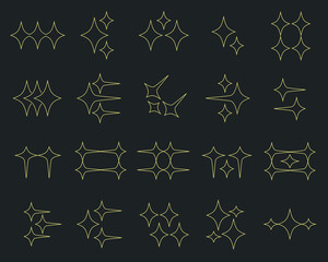 Collection of abstract y2k star shape elements. Line style black and yellow star shape elements.