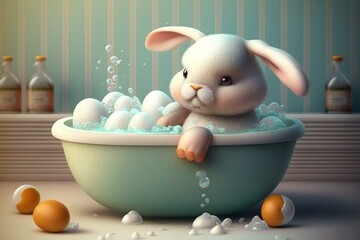 Illustration of adorable Easter bunny taking an egg-filled bath. Cute. Generative AI
