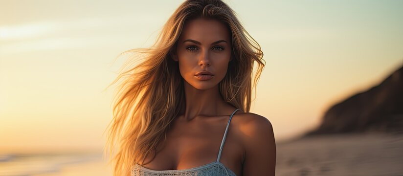 Blonde woman in alluring swimwear posing on beach at sunset. Perfect wavy hair, tan body. Tropical summer vibe.