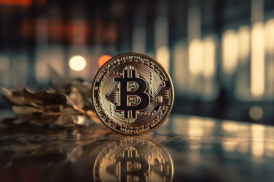 A golden Bitcoin on a futuristic backdrop. Generative AI