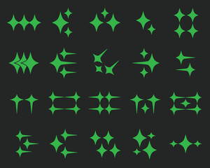 Collection of abstract y2k star shape elements. Solid style black and green star shape elements.