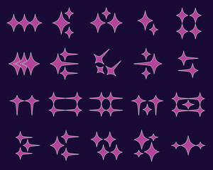 Collection of abstract y2k star shape elements. Filled line style dark purple and pink star shape elements.