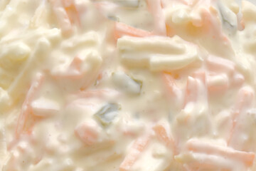Coleslaw salad texture background.  Healthy and dietary food. Creamy vegetables salad. 