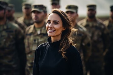 Portrait of a beautiful young woman on the background of military soldiers