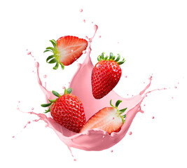 Milk or yogurt splash with strawberries