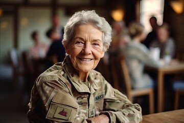 Portrait of a happy senior woman in military uniform sitting in cafe - obrazy, fototapety, plakaty