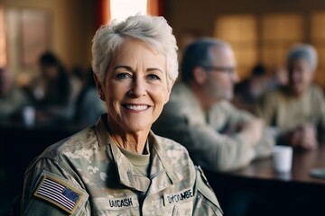 Portrait of mature woman in military uniform smiling at camera in office