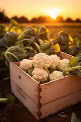 Cauliflower harvested in a wooden box with field and sunset in the background. Natural organic fruit abundance. Agriculture, healthy and natural food concept. Vertical composition.