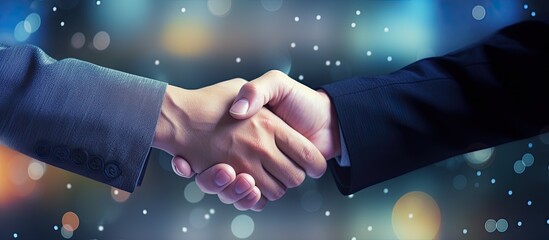 Business professionals engaging in handshakes and partnerships, embracing successful negotiations for deal agreements. Professional clients meet, introduce, and greet with bokeh. - obrazy, fototapety, plakaty