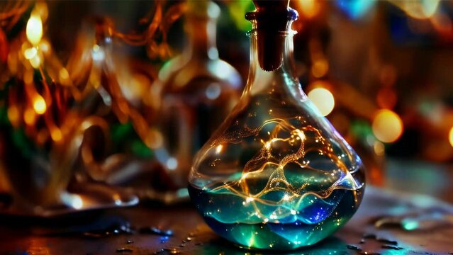 A curiously shaped potion bottle filled with glowing liquid, shining amidst a mystical ambiance.

