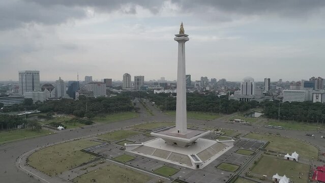 Indonesia National Monument Tower Monas in the Jakarta City Aerial Drone Footage 