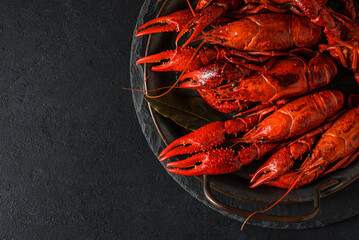 boiled crayfish on a black plate