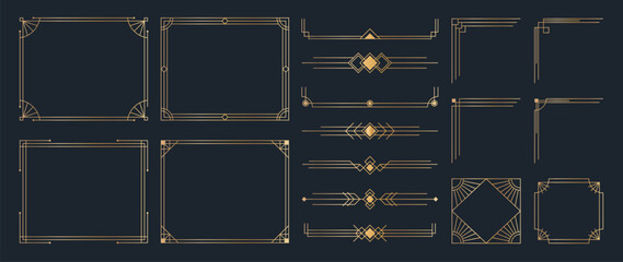 Collection of geometric art deco ornament. Luxury golden decorative elements with different lines, frames, headers, dividers and borders. Set of elegant design suitable for card, invitation, poster. - obrazy, fototapety, plakaty
