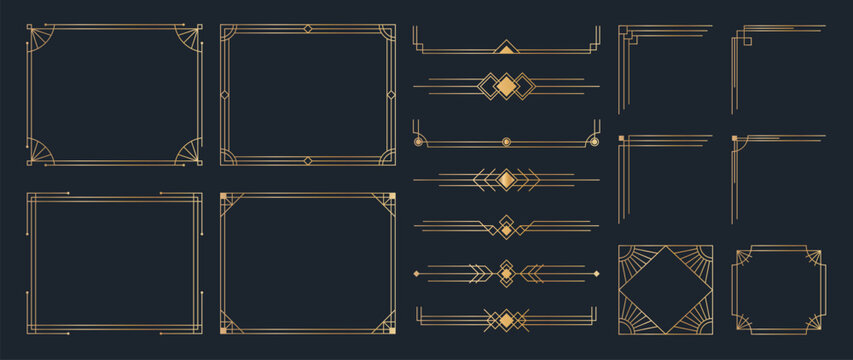 Naklejki Collection of geometric art deco ornament. Luxury golden decorative elements with different lines, frames, headers, dividers and borders. Set of elegant design suitable for card, invitation, poster.