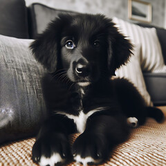 Image of a black puppy lying on the sofa