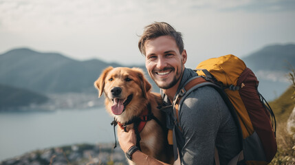 Man with his best friend dog, hiking portrait.
