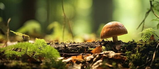 Brown bolete in forest with artistic bokeh using special lens. - obrazy, fototapety, plakaty