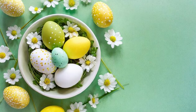 Colorful Easter eggs in a plate on a light green background green, yellow and white Easter eggs with flowers and dots on eggs frame with copy space for text in the middle