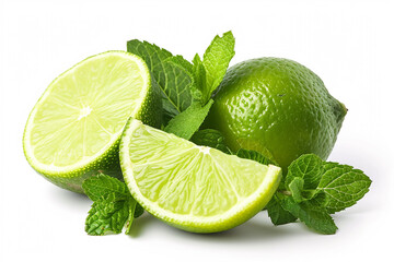 Zesty Lime with Fresh Mint Leaves Isolated on White Background Created with Generative AI Tools
