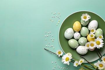 Colorful Easter eggs in a plate on a light green background green, yellow and white Easter eggs with flowers and dots on eggs frame with copy space for text in the middle