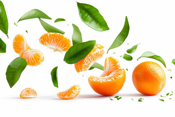 Flying Sliced Mandarine with Peeled Clementine and Green Leaves Isolated on White Background Created with Generative AI Tools