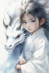 White dragon and a boy in a white kimono, 白龍, ハク, illustration art, Generative AI