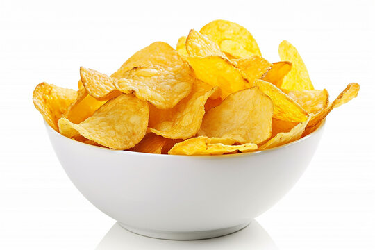 Crunchy Potato Chips in White Bowl Isolated on White Background Created with Generative AI Tools