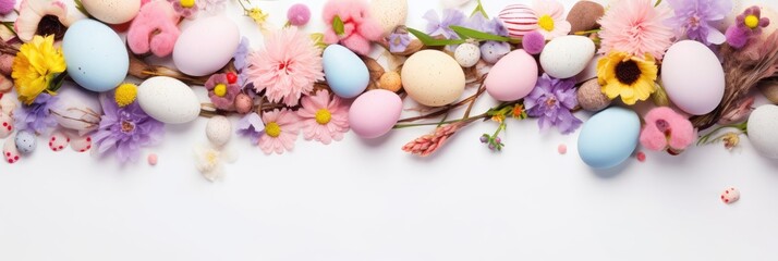 Naklejka na ściany i meble Happy Easter card creative holiday concept with easter eggs in nest spring flowers and candies with copy space for text Flat lay pattern. Banner
