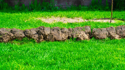 A ditch dug in the lawn for laying a plastic pipe. Removed top layer of grass for underground plumbing