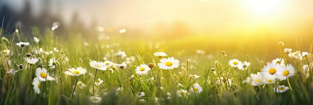 Beautiful summer natural background with yellow white flowers daisies, clovers and dandelions in grass against of dawn morning. Ultra-wide panoramic landscape, banner format.
