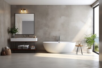 Fototapeta na wymiar Modern bathroom interior with beige walls, Minimalist beige bathroom with modern furniture