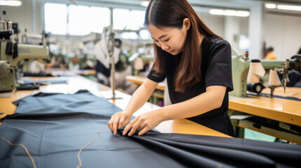 Fototapeta premium Seamstress or worker in Asian textile factory sewing with industrial sewing machine