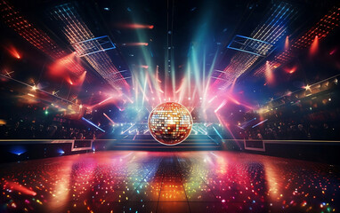 Concert stage in disco style with colorful lights and shimmering disco ball on the stage