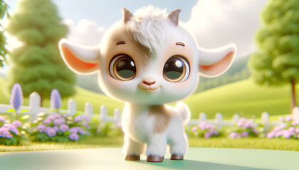 Fototapeta premium A 3D rendering of a playful and cute baby goat character. The goat has large, curious eyes and a small, joyful smile. Its fur is fluffy and white, Generative AI