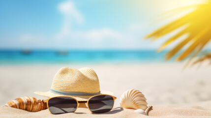 Fototapeta na wymiar Straw hat and sun glasses on a tropical beach