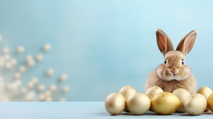 Fototapeta na wymiar Easter bunny rabbit with colorful eggs on blue background , holiday concept