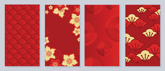 Happy Chinese New Year cover background vector. Year of the dragon design with chinese pattern, wave, flower, coin, fan. Elegant oriental illustration for cover, banner, website, calendar.