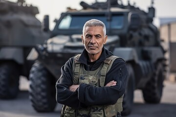 Portrait of mature man standing with arms crossed in front of military vehicles
