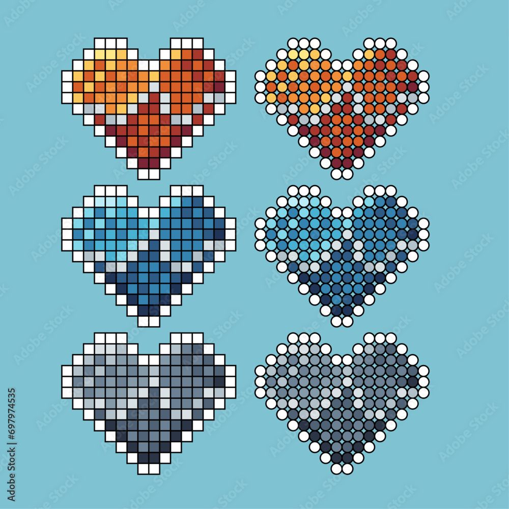 Poster pixel art stroke sets of heart with beat icon with variation color item asset. heart icon on pixelat
