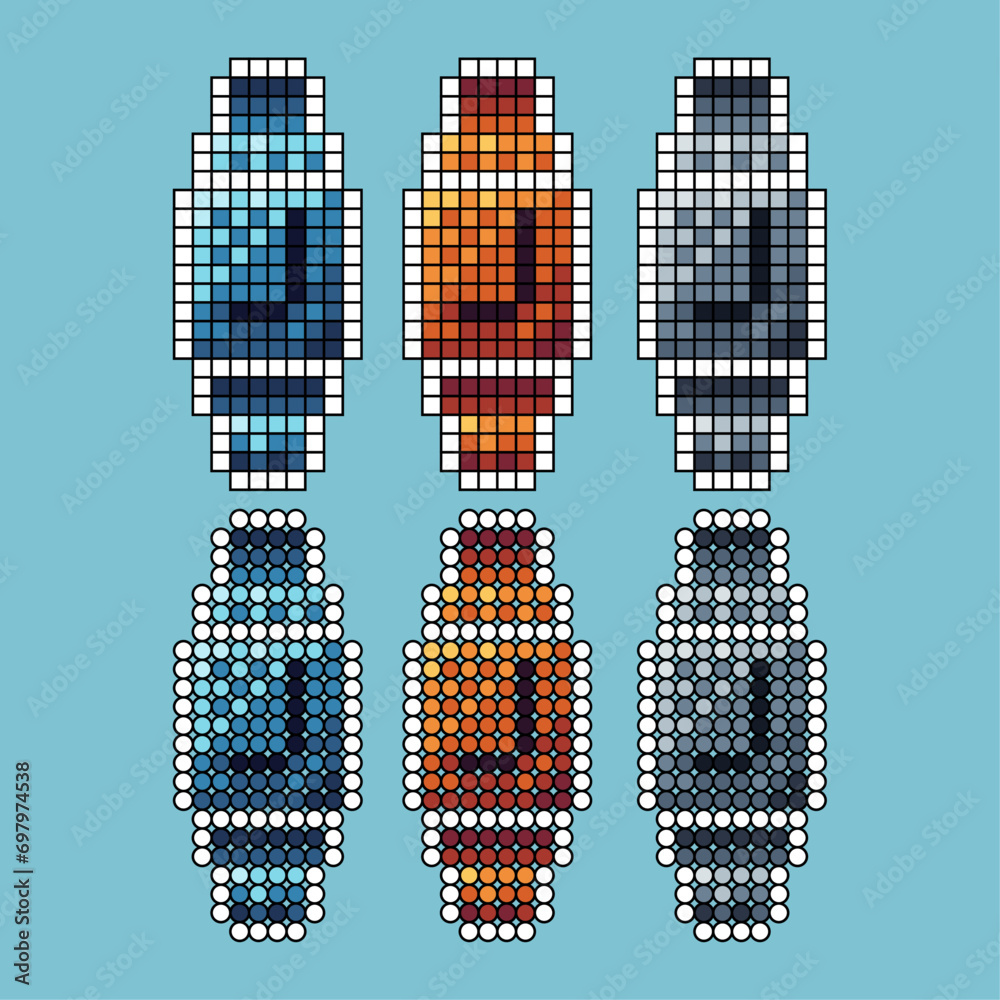 Poster Pixel art stroke sets of clock icon with variation color item asset. watch clock icon on pixelated style. 8bits perfect for game asset or design asset element for your game design asset