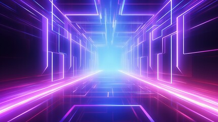 Futuristic corridor with purple and blue neon lights illustration abstract background. AI generated