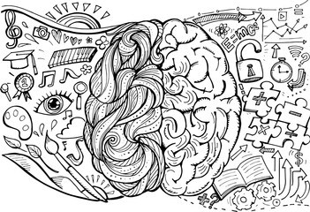 
Hand drawn of the human brain is the left and right hemisphere. Analytics and creativity. Monochrome sketch.-Vector illustration