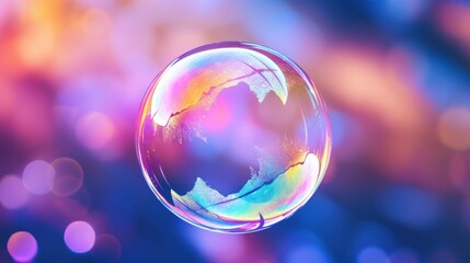 Transparent rainbow Iridescent soap bubble on multicolored blur background. AI generated image